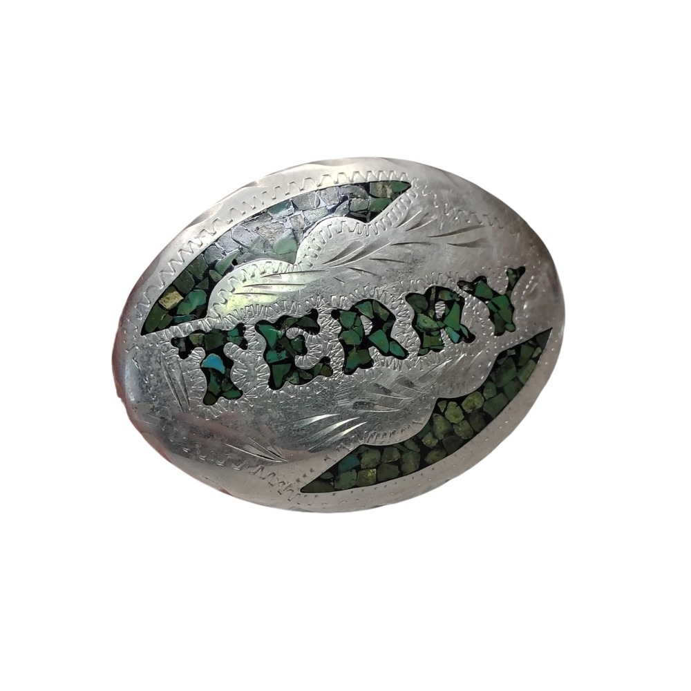 Vintage C & L Marked TERRY name turquoise chip Inlaid Belt Buckle